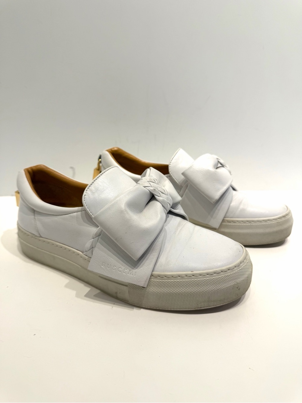 Buscemi White Leather Bow Slip On Sneakers Gold Padlock Size EU 38 Made in Italy
